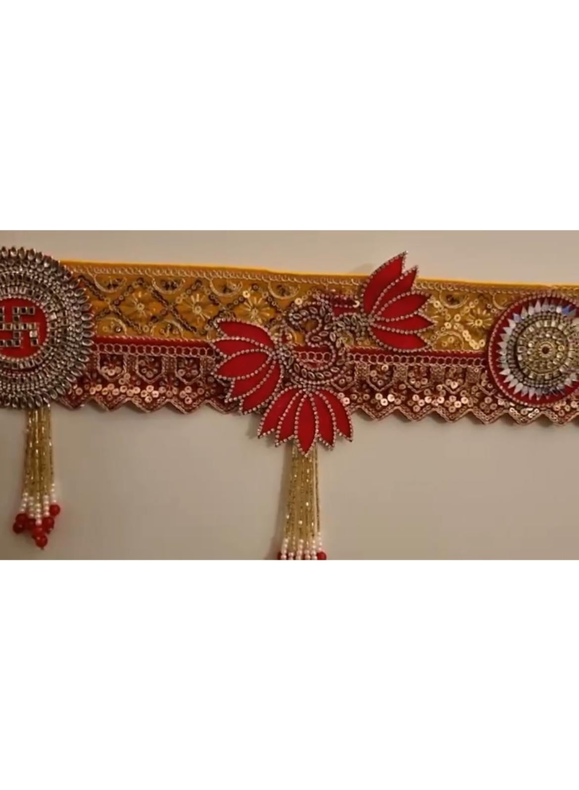 Red and Golden Toran with Lotus Motifs and Hanging Beads, 60 Inches, Diwali Decor