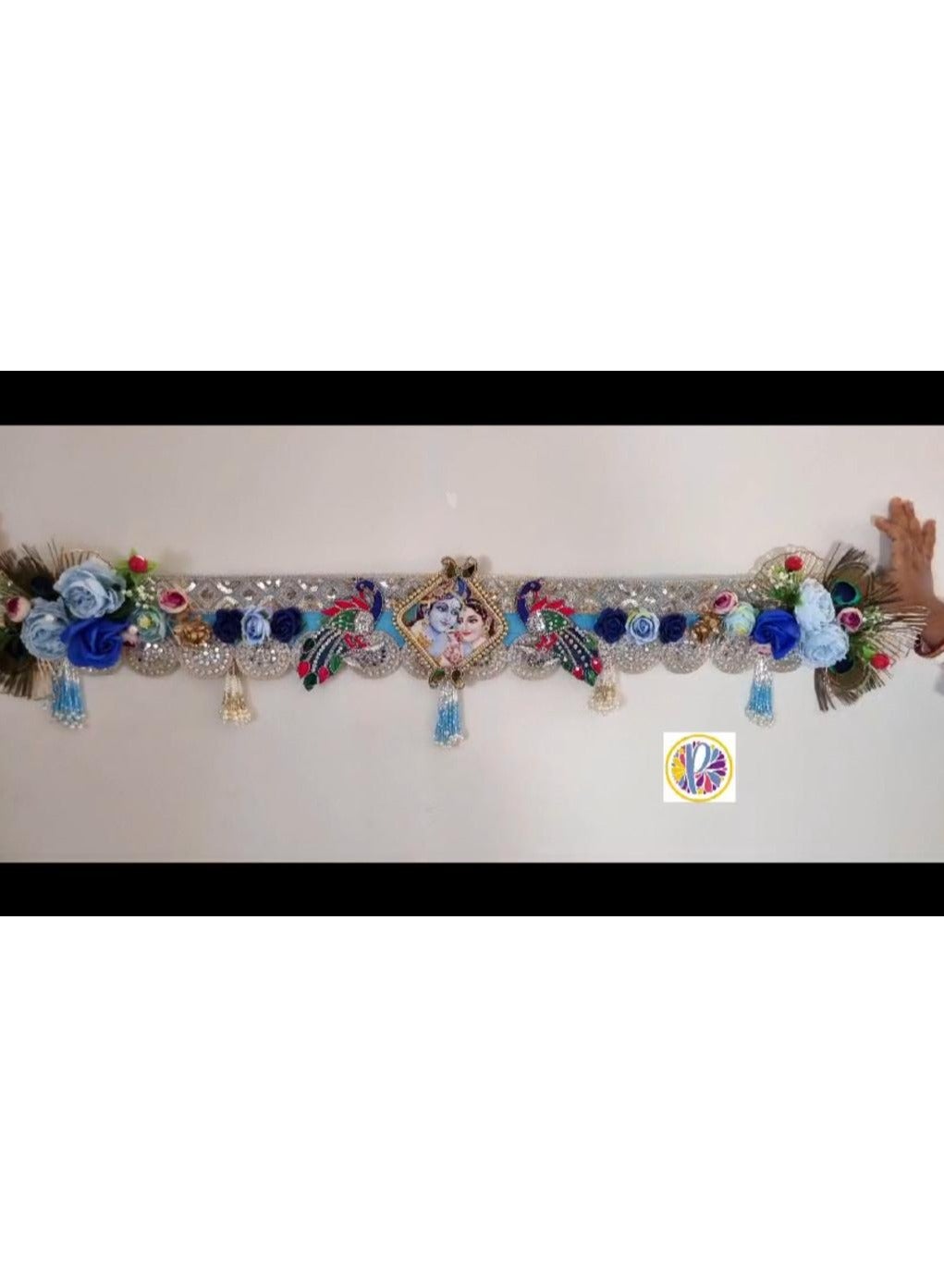 Door Toran with Radha Krishna Photo, Peacock and Floral Design, Blue and Silver, 60 Inches, Diwali Decor