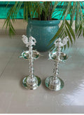 German Silver Diya Lamp Samai with Peacock Handle, 12 Inches, Diwali Decor