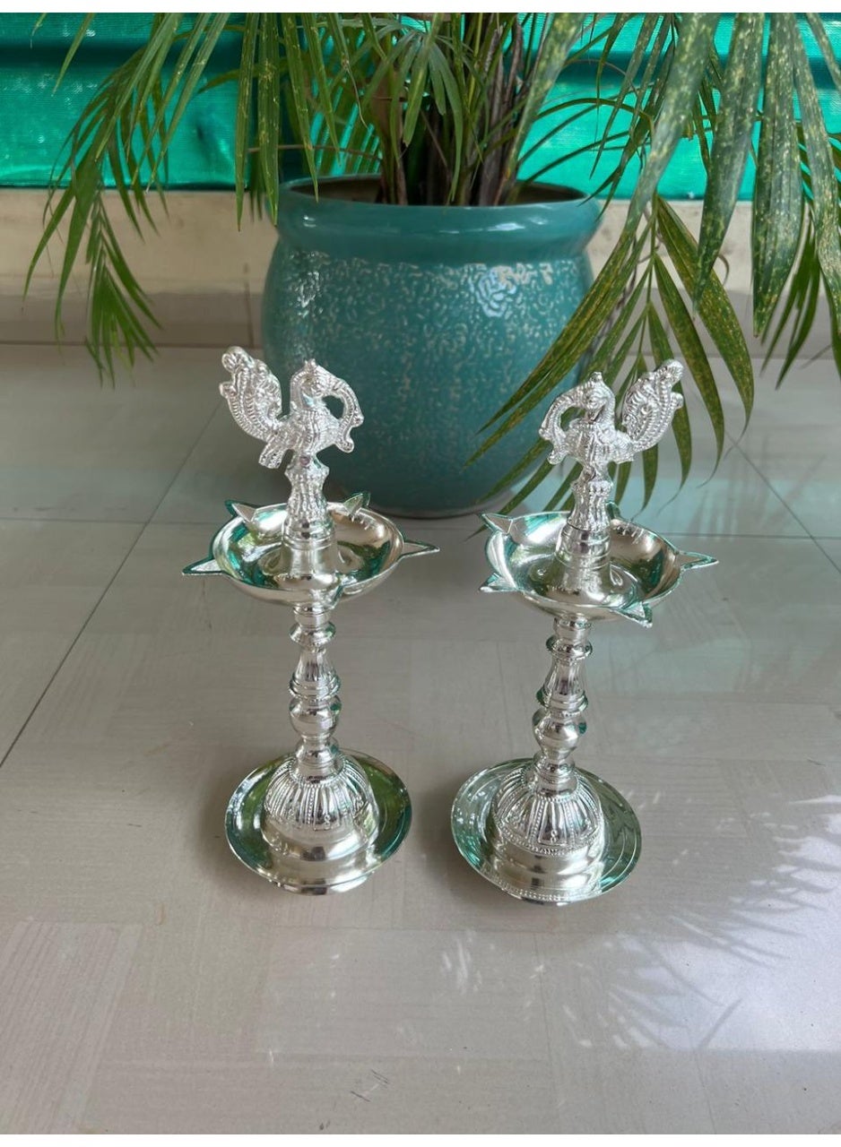 German Silver Diya Lamp Samai with Peacock Handle, 12 Inches, Diwali Decor