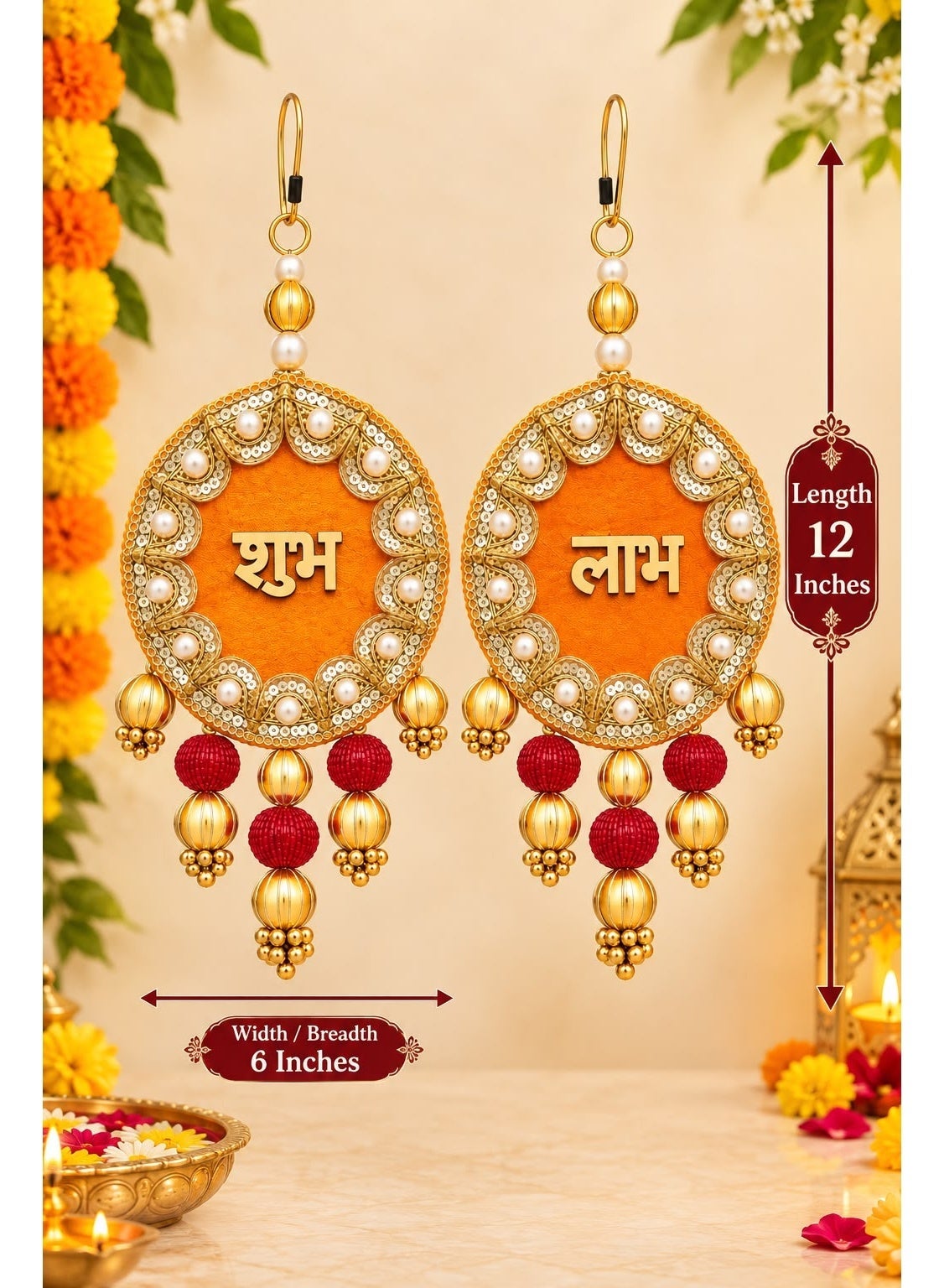 Shubh Labh Diwali Decor Hanging with Pearl and Bead Tassels, Pair