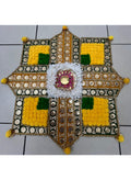 Handcrafted Rangoli Mat with Pom-Poms, Mirror Work and Central Diya Holder, Multicolour