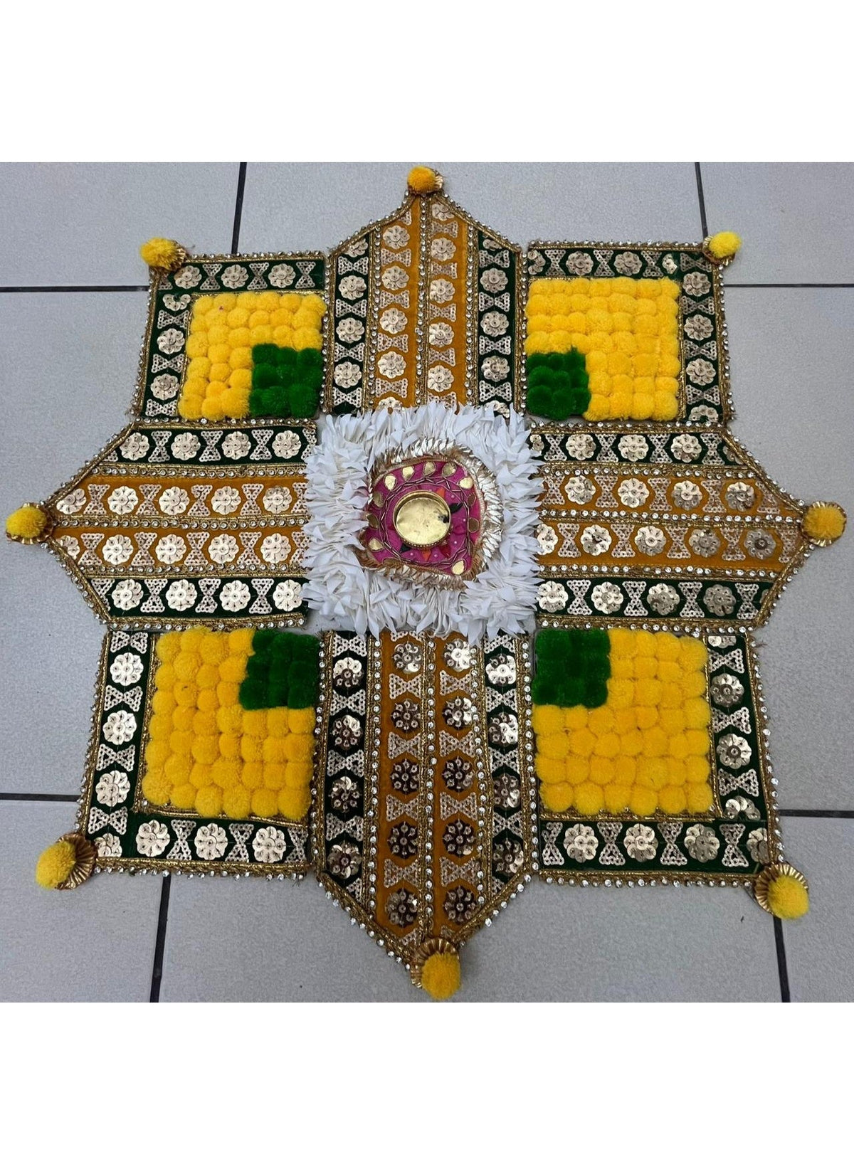 Handcrafted Rangoli Mat with Pom-Poms, Mirror Work and Central Diya Holder, Multicolour