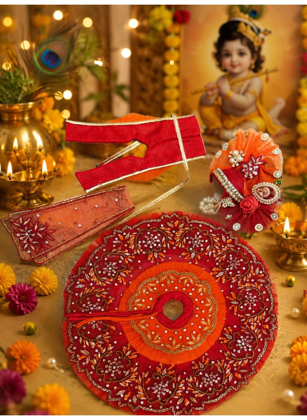 Red and Orange Laddu Gopal Poshak with Pearl, Stone and Embroidery Work