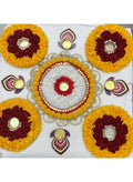 Handmade Floral Rangoli Set with Tealight Holders, Yellow Marigold, Red Roses and White Petals, Diwali Decor
