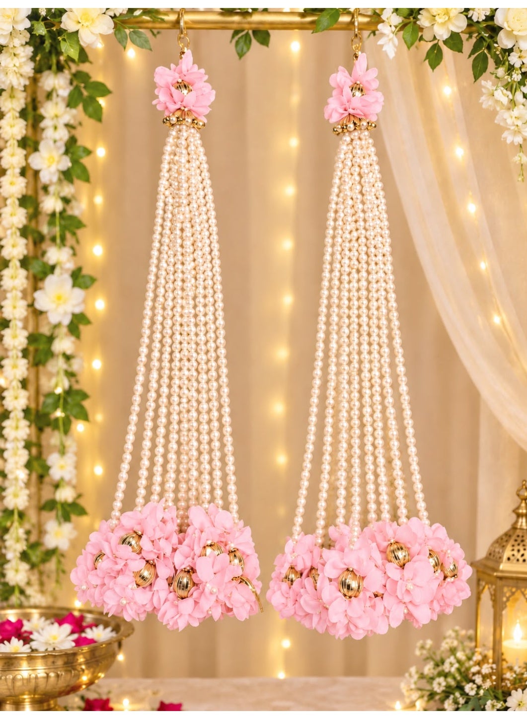 Floral Pearl Hanging Toran with Golden Accents, White, Yellow, Pink or Red