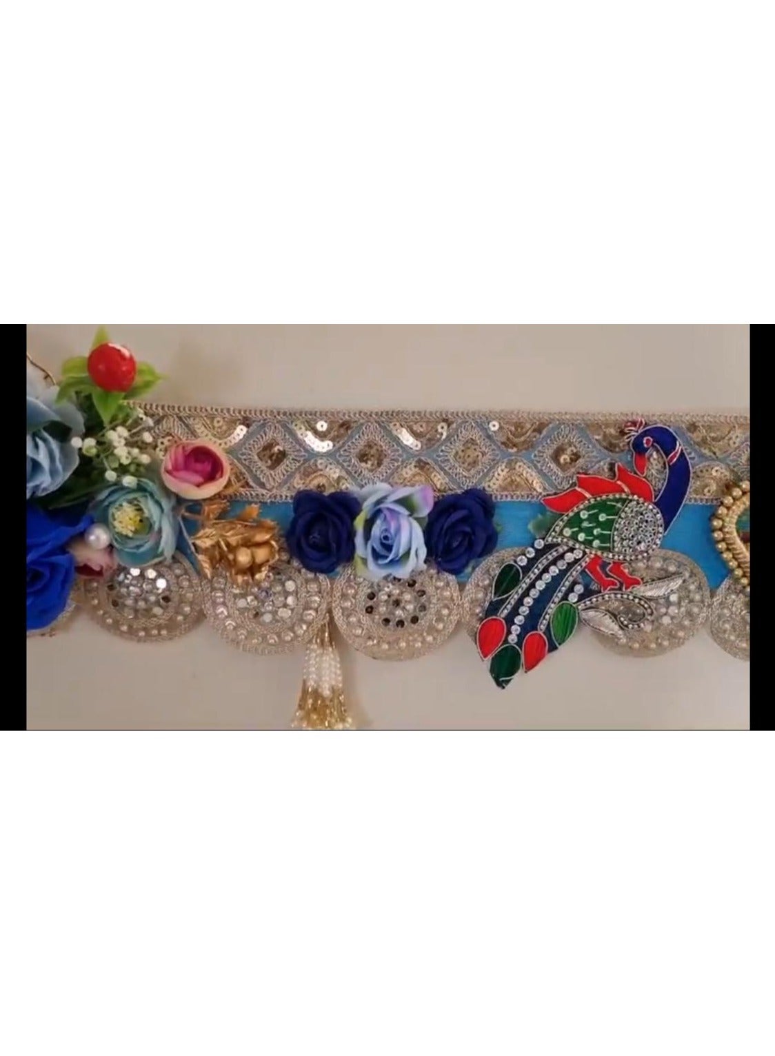 Door Toran with Radha Krishna Photo, Peacock and Floral Design, Blue and Silver, 60 Inches, Diwali Decor