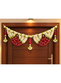Red and White Floral Door Toran with Hanging Bells, Diwali Decor