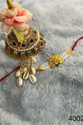Bhai Pearl Peacock Rakhi with Heavy Kundan and Kaudi Shell Lumba for Bhabhi