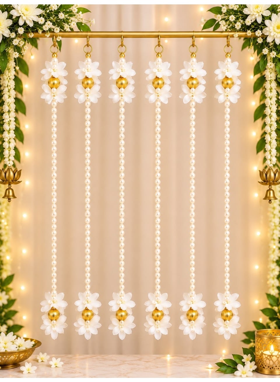 Door Hanging, Pink and White Floral and Pearl String Toran, Diwali Decor