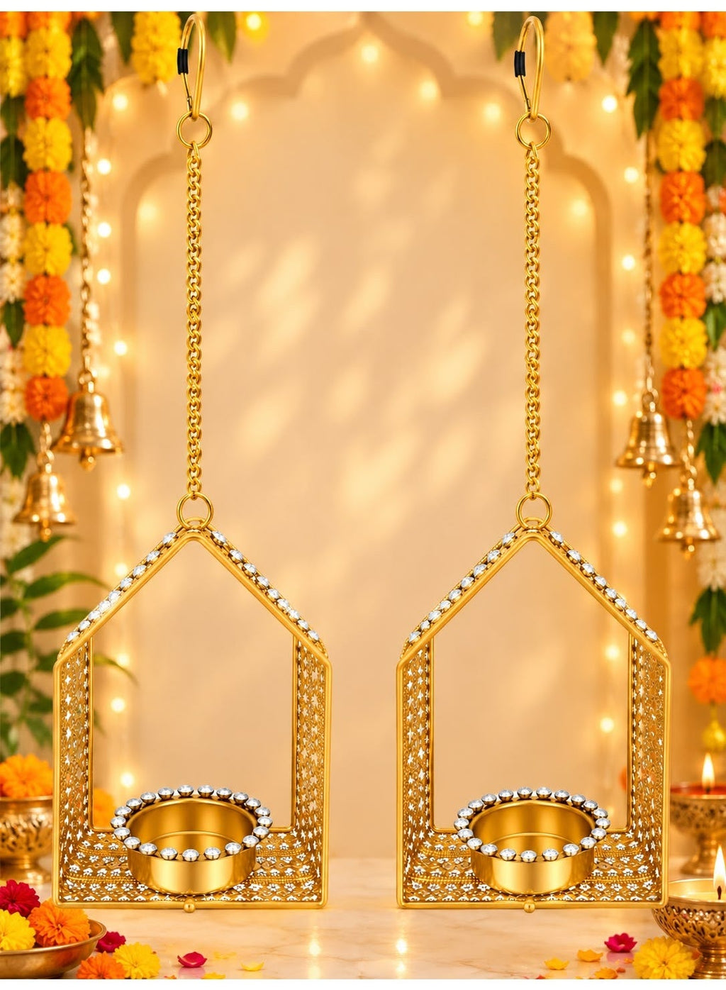 Metallic Hanging Geometric Tealight Holders, Pair, 13 Inches, Diwali Decor