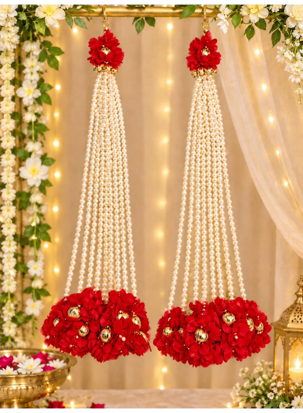 Floral Pearl Hanging Toran with Golden Accents, White, Yellow, Pink or Red