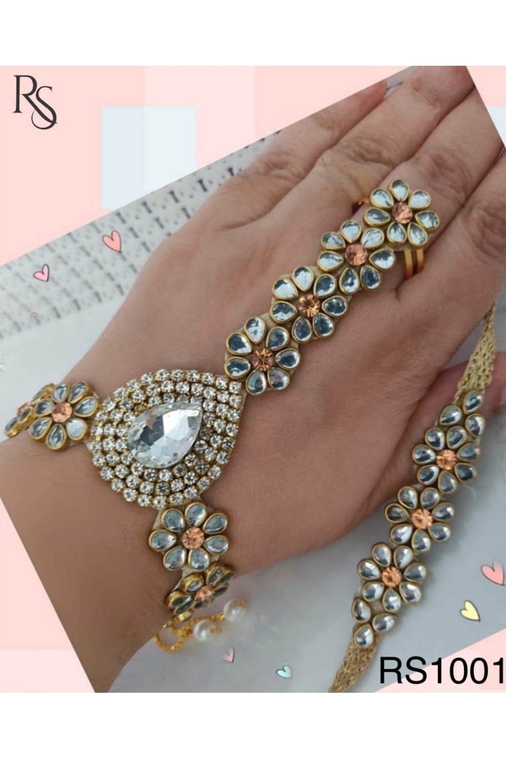 Bhai Bhabhi Rakhi Pair with Hathful Bracelet, AD and Kundan with Attached Finger Ring
