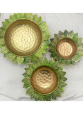 Brass Leaf Design Urli Bowls with Green Leaf Border, Set of 3