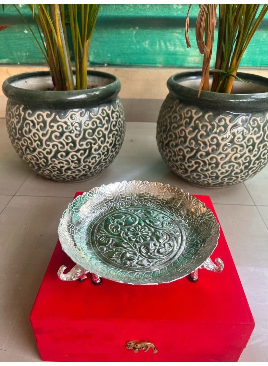 German Silver Decorative Urli Bowl with Elephant Legs
