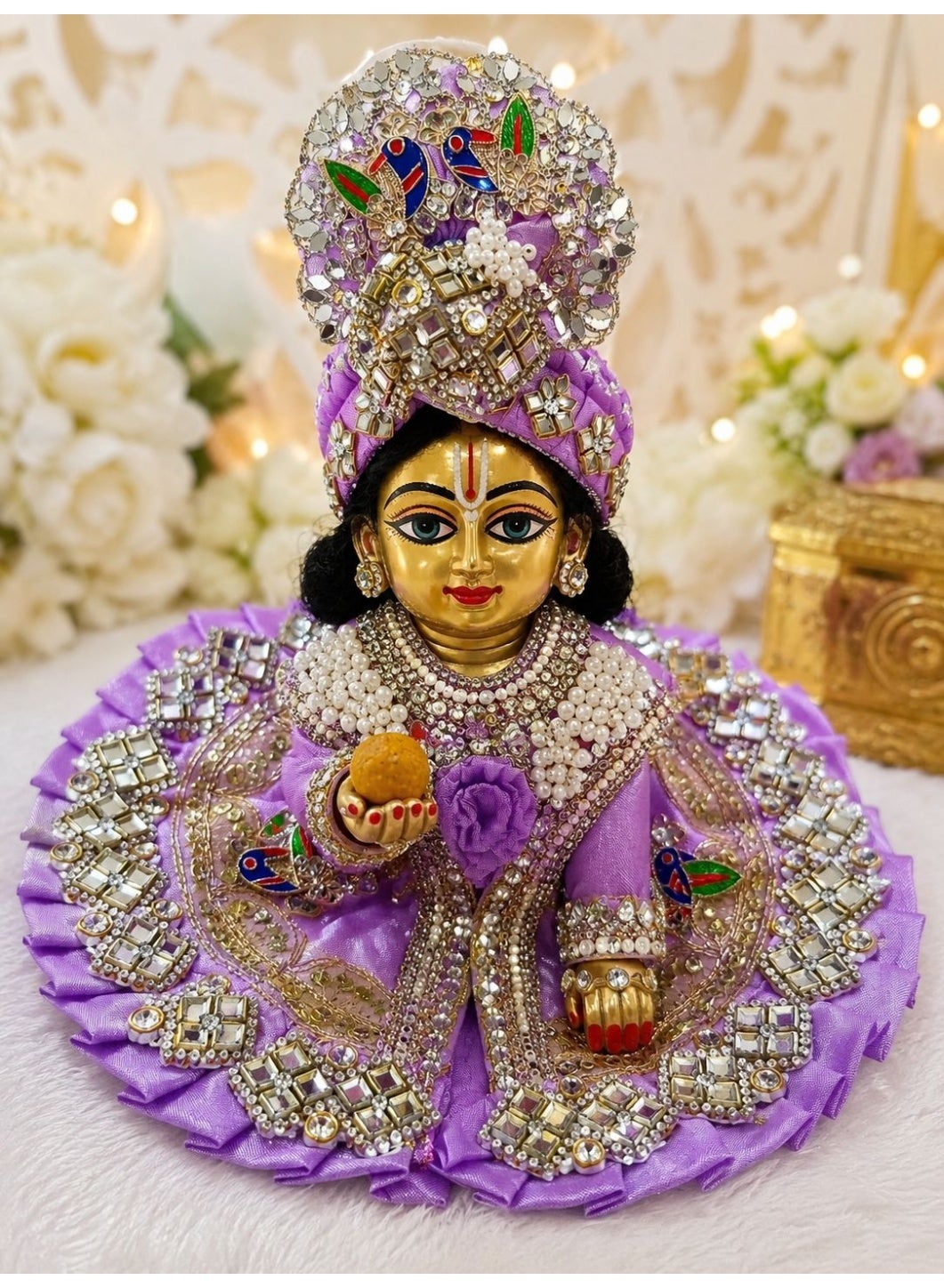 Purple and Golden Laddu Gopal Poshak with Embellished Pagdi, 6 Inches