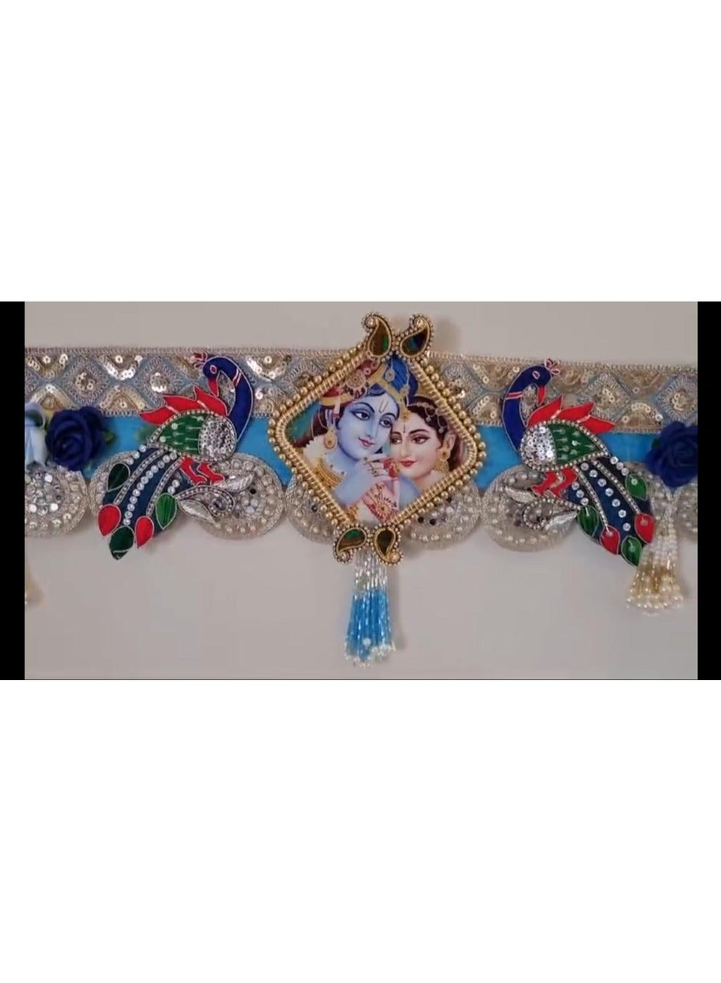 Door Toran with Radha Krishna Photo, Peacock and Floral Design, Blue and Silver, 60 Inches, Diwali Decor