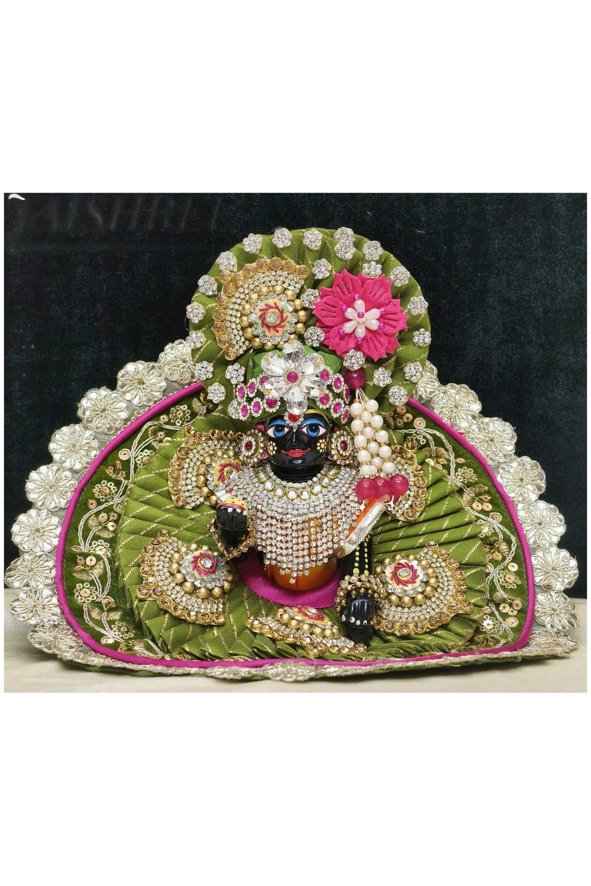 Laddu Gopal Poshak with Crystal Embellishments, Green and Pink, 6 Inches