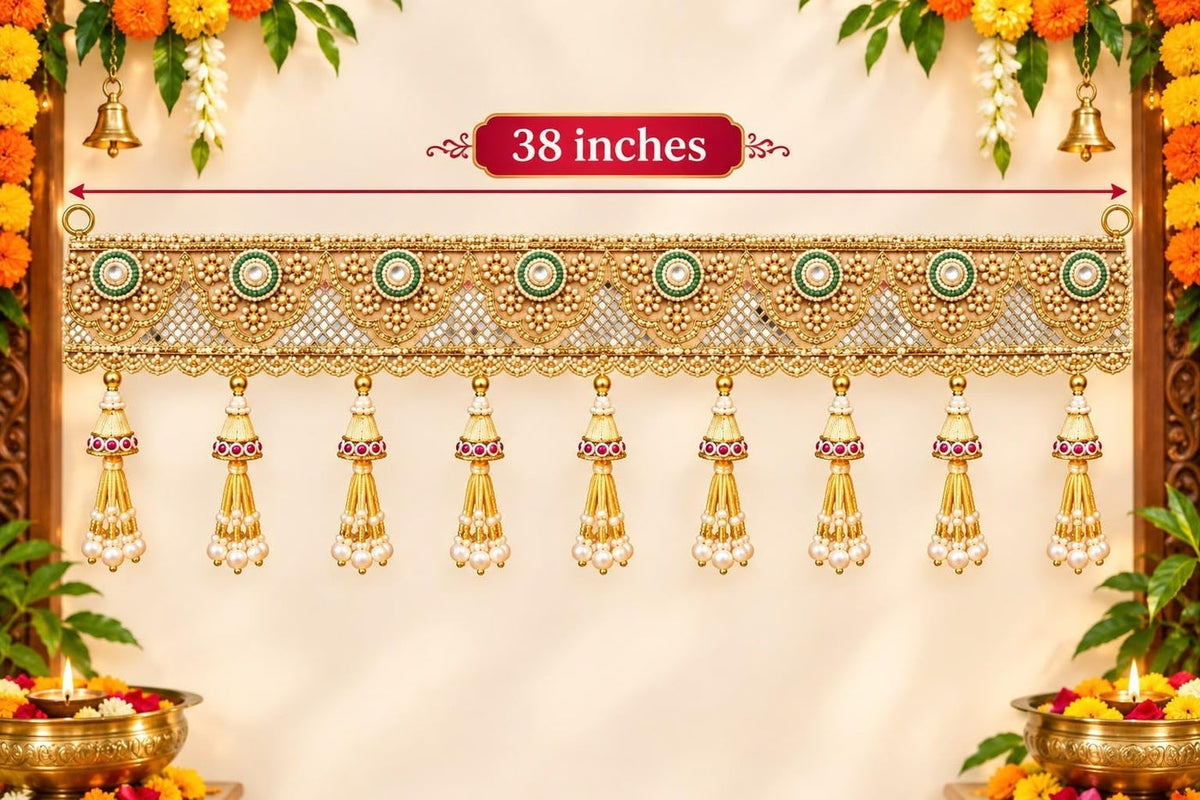 Door Hanging Toran / Bandarwal for Diwali Decor, Gold with Green Stone Motifs /38-39 inches