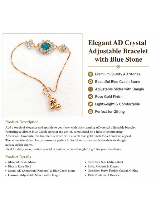 AD Crystal Adjustable Rakhi Bracelet with Blue Stone, Rose Gold Finish, for Sister or Bhabhi, Size 36