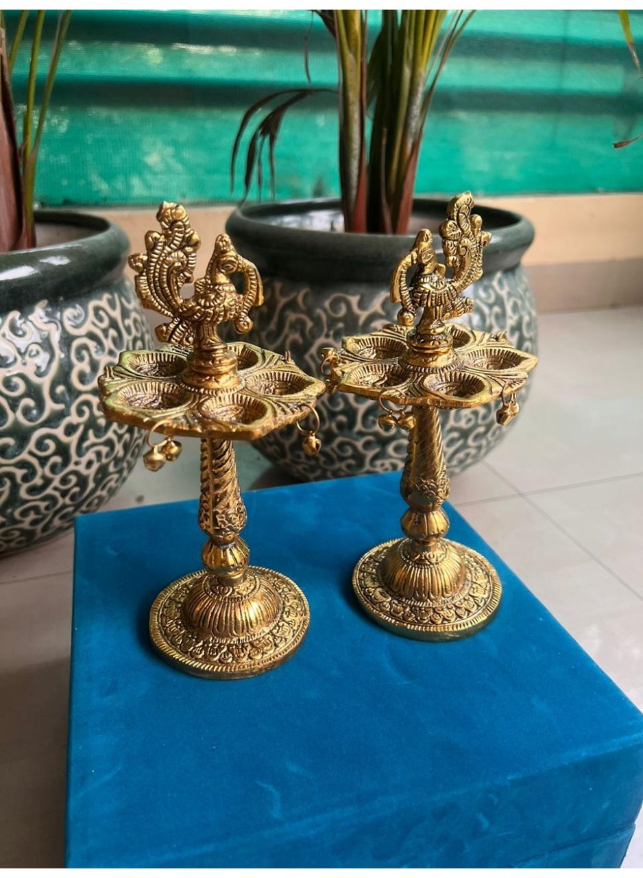 Brass Peacock Design Oil Lamp Set, Antique Finish, Pair, Diwali Decor
