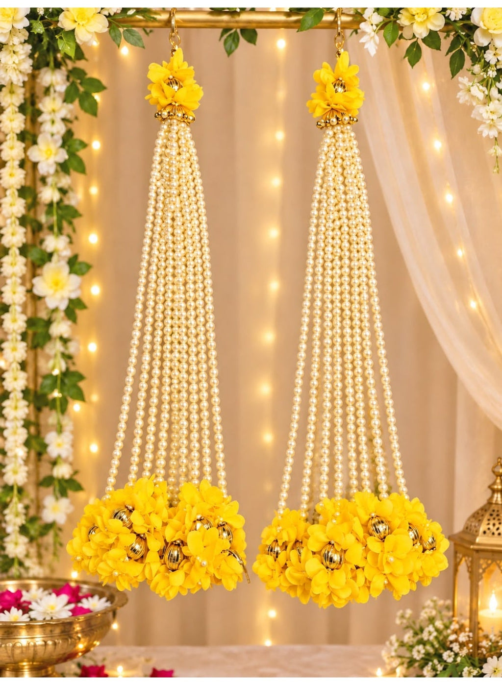 Floral Pearl Hanging Toran with Golden Accents, White, Yellow, Pink or Red