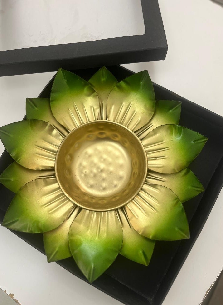 Round Lotus Urli Bowl, Gold and Green, Tealight Holder, Pack of 1, Diwali Decor