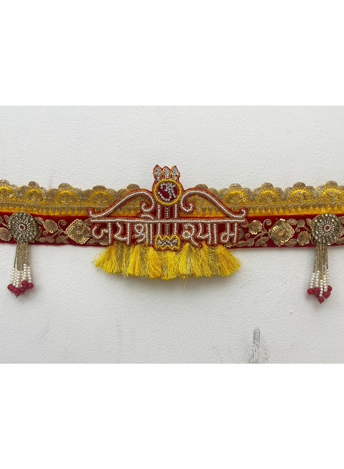Red and Gold Embroidered Door Toran with Beads and Tassels, Diwali Decor