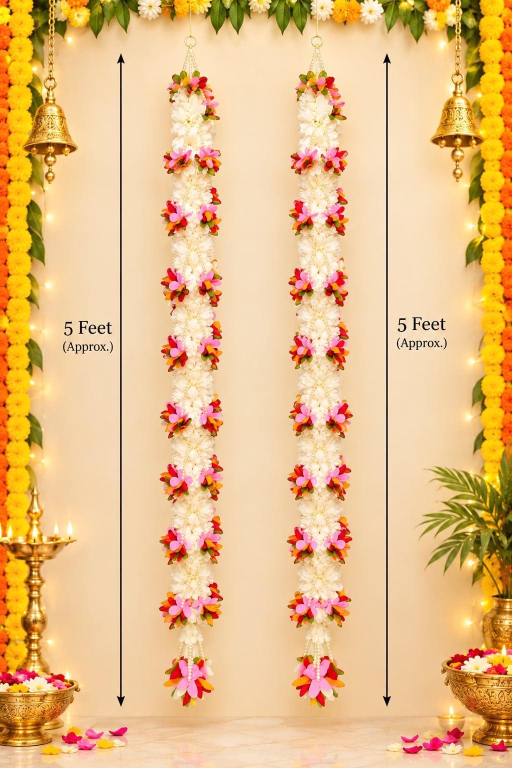 Artificial Flower Garland Side Hangings for Diwali Decor, Multicolour, Set of 2