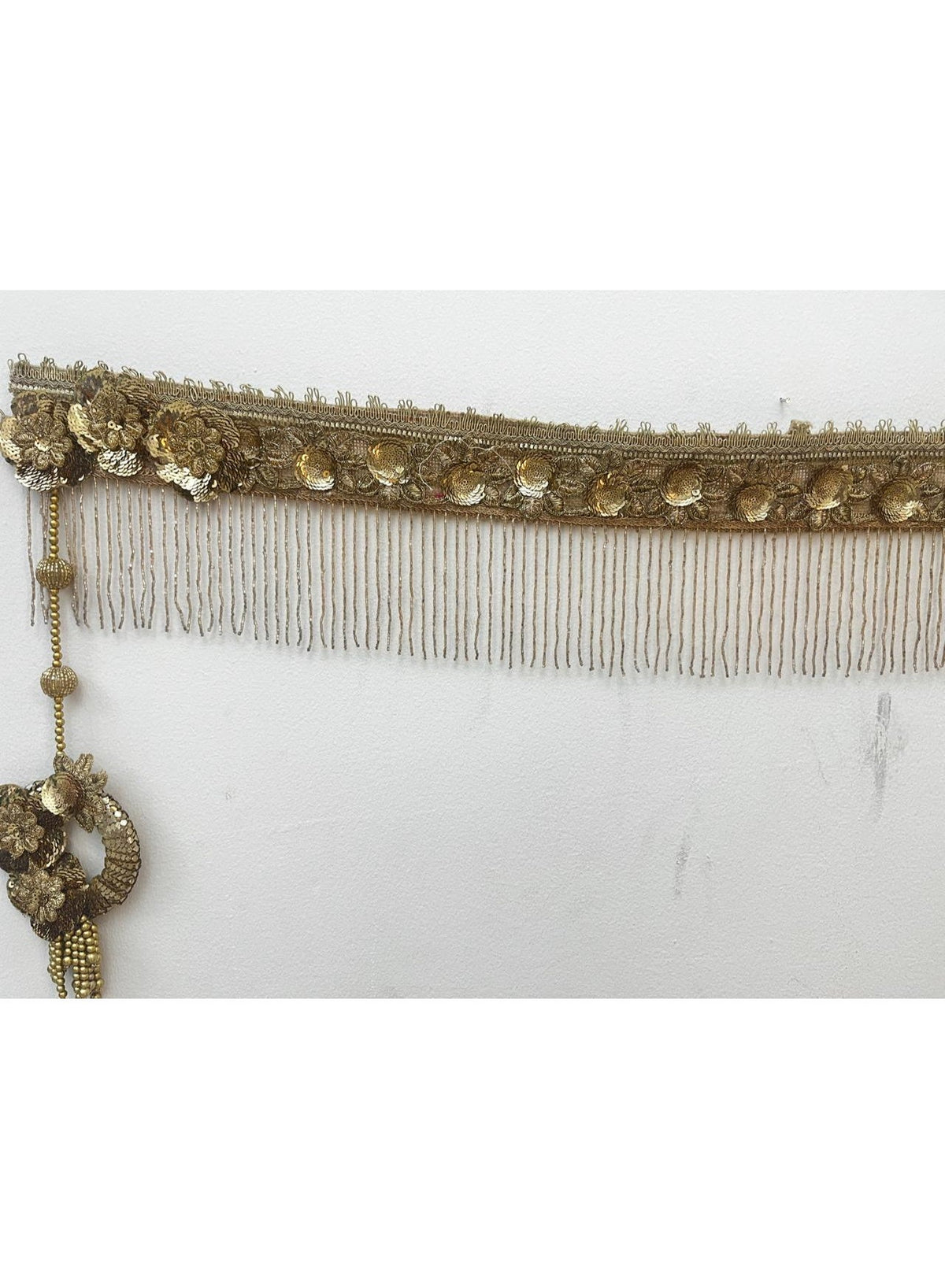 Golden Embroidered Floral Door Toran with Beaded Tassels, Long One-Sided Hanging, Diwali Decor