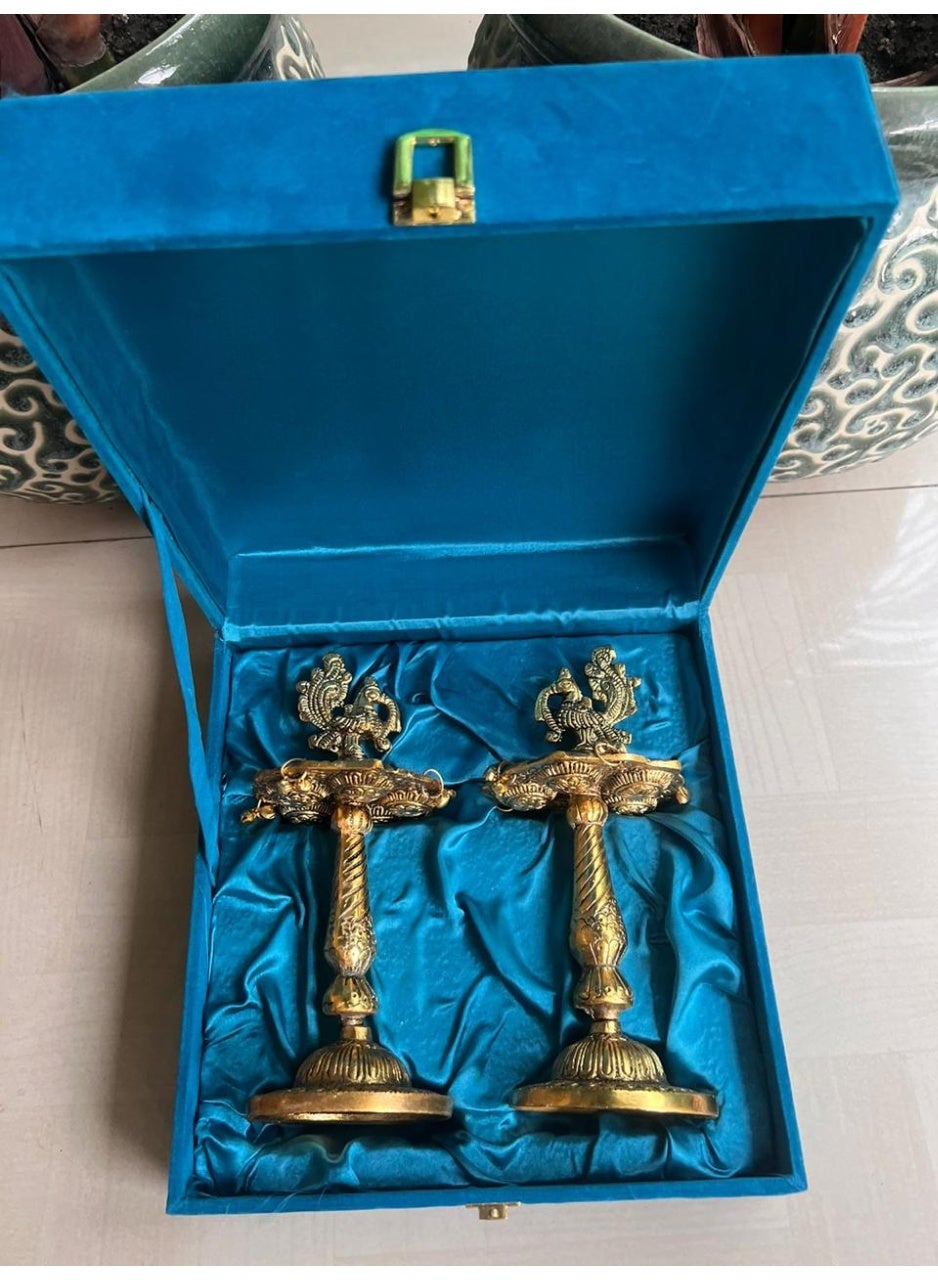 Brass Peacock Design Oil Lamp Set, Antique Finish, Pair, Diwali Decor