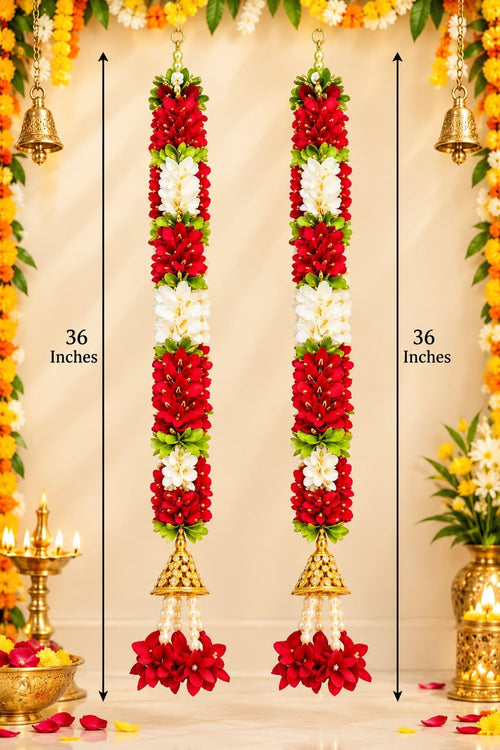 Artificial Flower Garland Side Hangings Diwali Decor Set of 2, Red, White & Green
