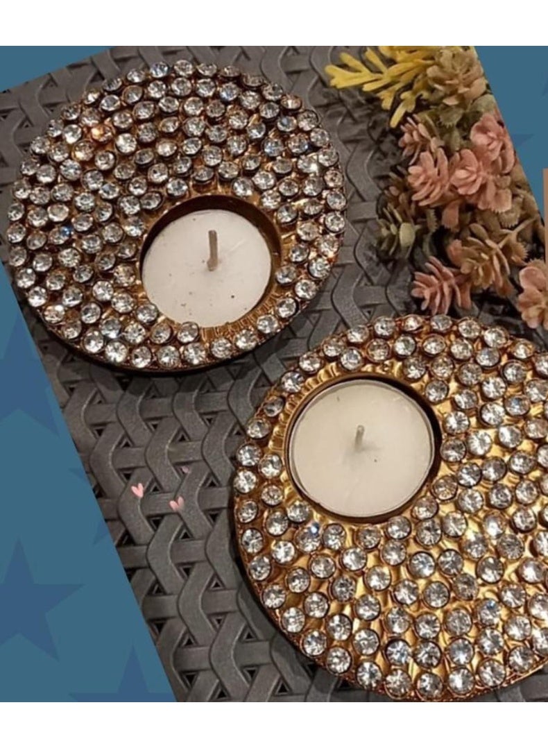 Gold Rhinestone Candle Holders, Pack of 2, Diwali Decor