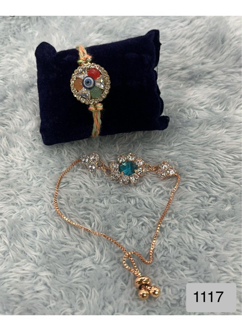 Multicolour Evil Eye Rakhi with Matching Bhabhi AD Bracelet