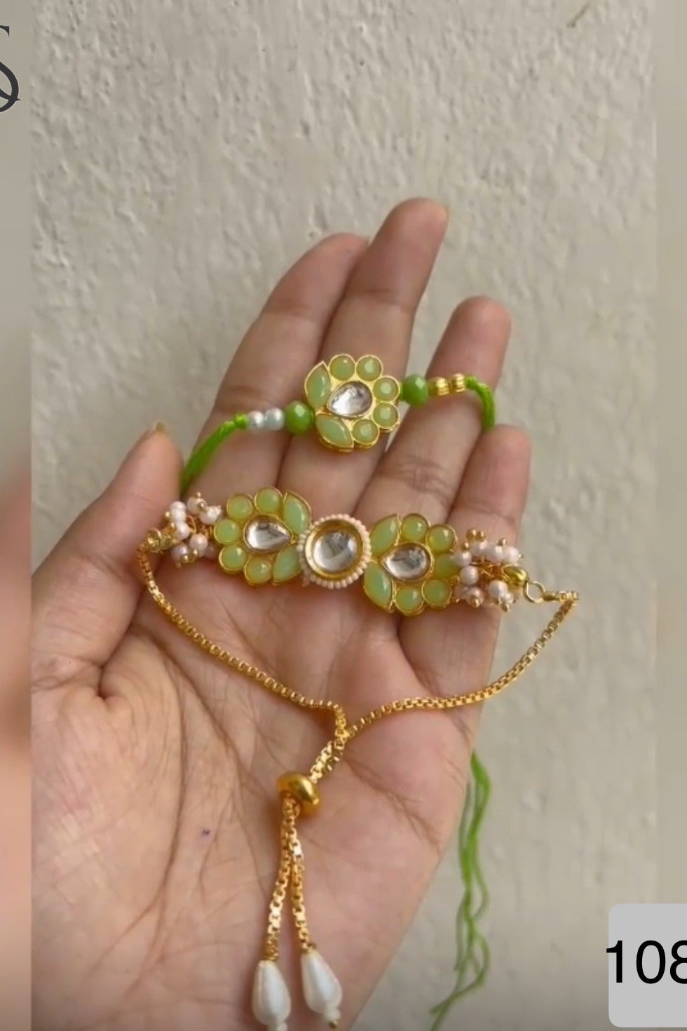 Mint Green Kundan Bhai Rakhi with Bhabhi Bracelet, Rakhi Pair