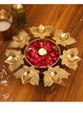 Lotus Design Gold Urli Bowl, 8 Inches, with 5 Lotus Diya Holders, Diwali Decor