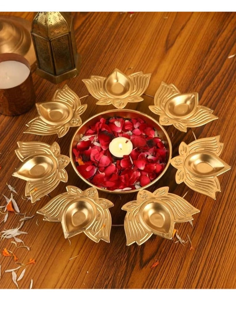 Lotus Design Gold Urli Bowl, 8 Inches, with 5 Lotus Diya Holders, Diwali Decor
