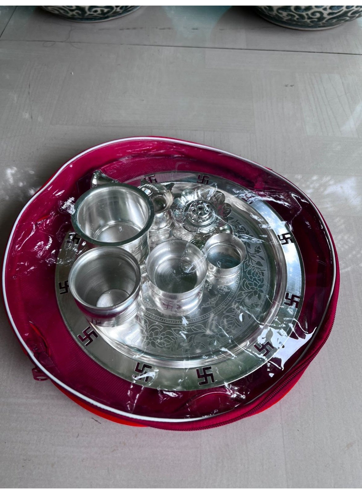 German Silver Pooja Thali Set with 8 Accessories, Diwali Decor