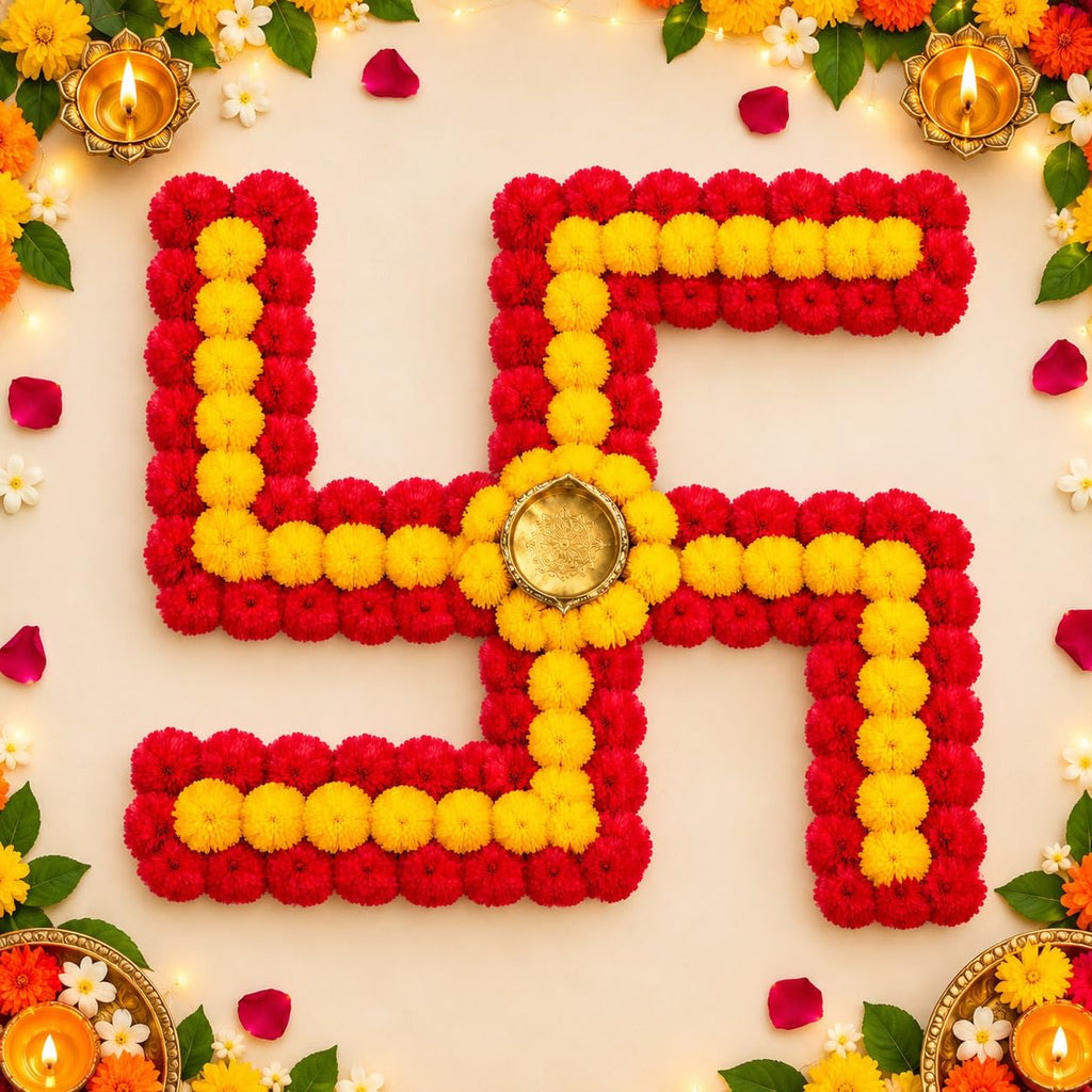 Swastik Rangoli Mat Diwali Decor- Random color (Red/Pink) may come / 10 inches