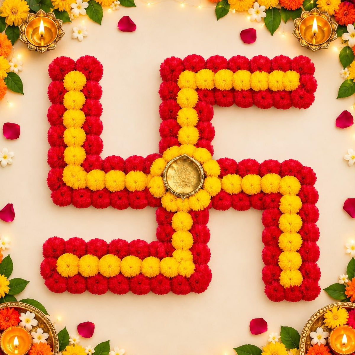 Swastik Rangoli Mat Diwali Decor- Random color (Red/Pink) may come / 10 inches