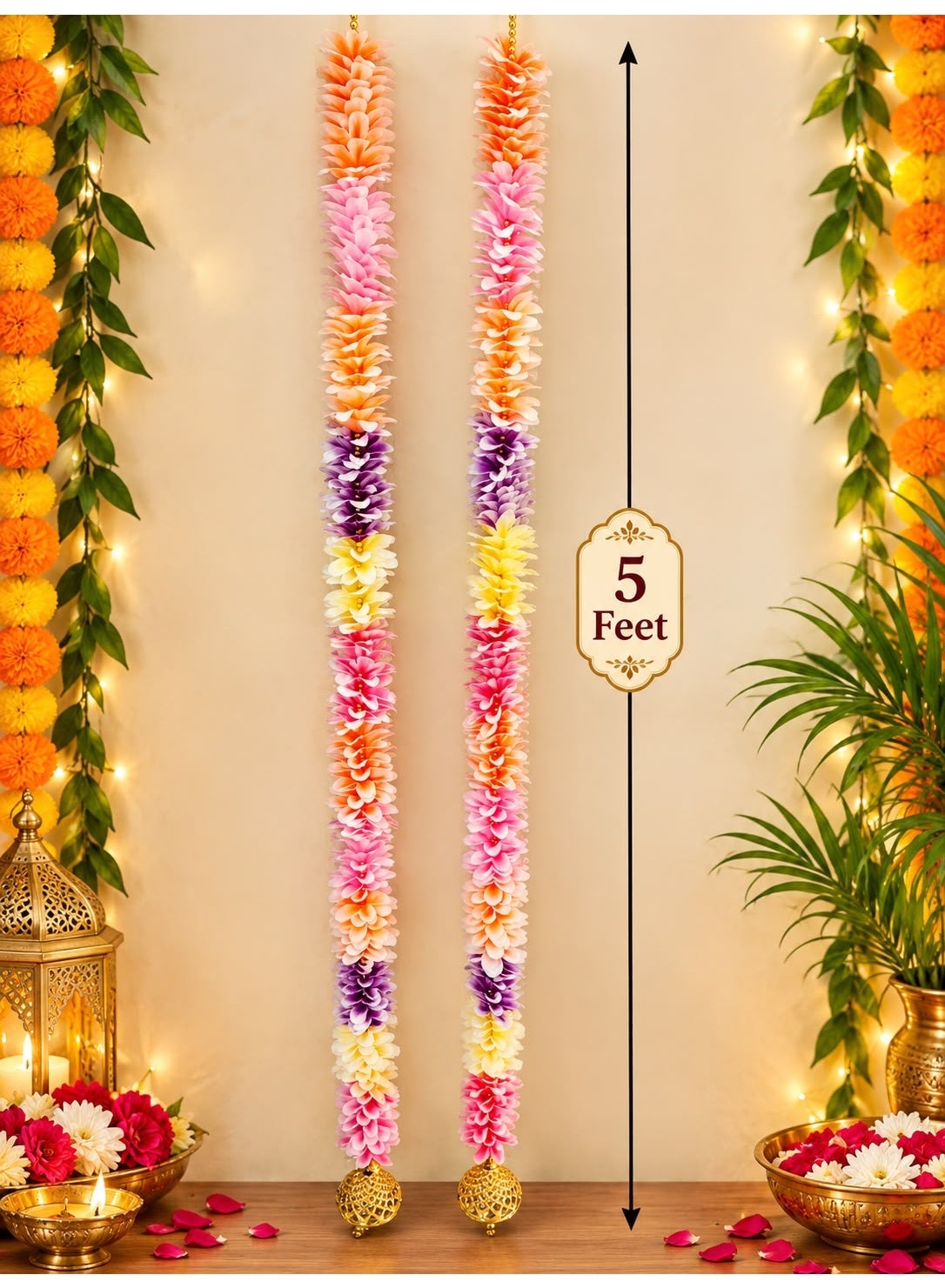Multicolour Artificial Flower Garland with Golden Bells / 5 Feet Each